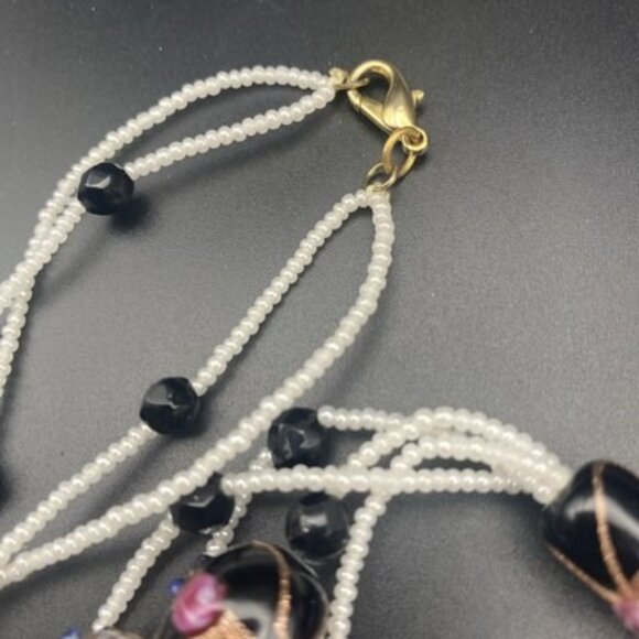 Handmade Lampwork Glass Bead Tassel Necklace Murano Style Black Gold Rose Beads - Picture 6 of 8